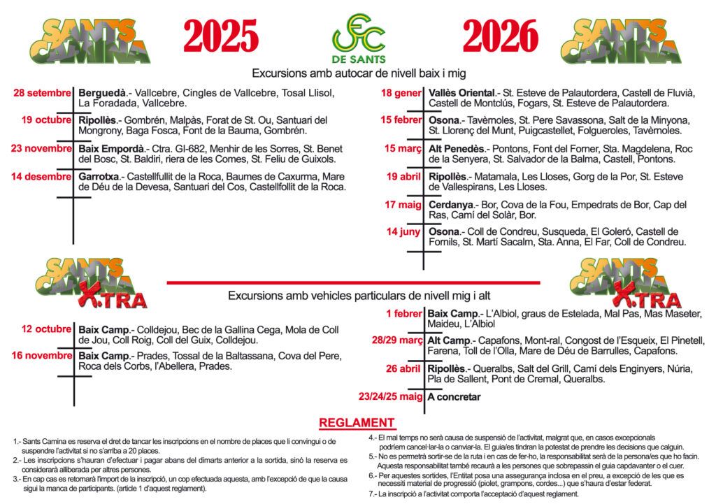calendari del grup SantsCamina pel curs 2025-2026